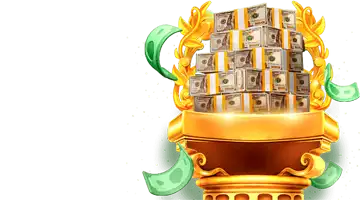 An image of a golden pedestal adorned with stacks of dollars, symbolizing cashback rewards at Riobet Casino.