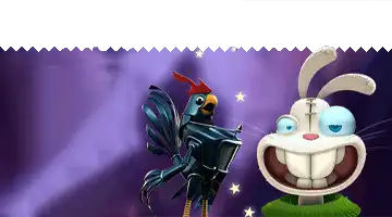 Characters of a mechanical rooster and a rabbit, symbolizing the welcome bonus for new players at Риобет Casino.