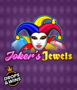 Experience the colorful world of Joker's Jewels slot by Pragmatic Play, featuring a captivating joker's mask embellished with a multicolored jester hat. This image conveys the light-hearted fun of traditional joker games, set against a lavender background. Perfect for those who love classic slot games, promising a delightful gaming experience. 